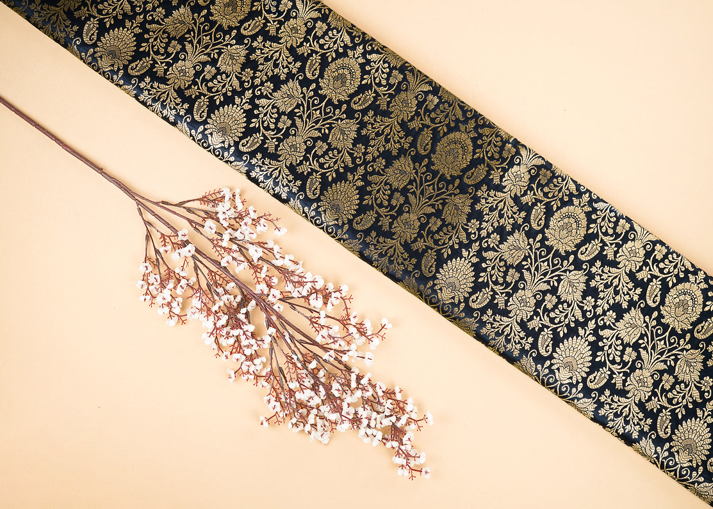 Black Banarasi Brocade Fabric With All Over Golden Zari Handloom 22551