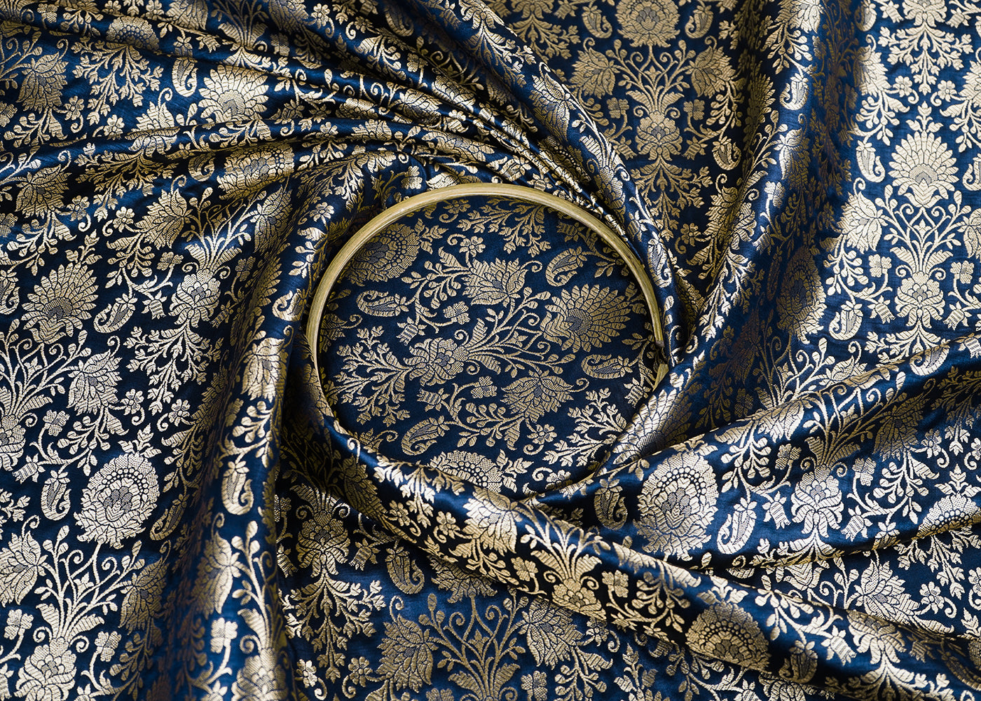 Navy Blue Banarasi Brocade Fabric With All Over Golden Zari Handloom 22551