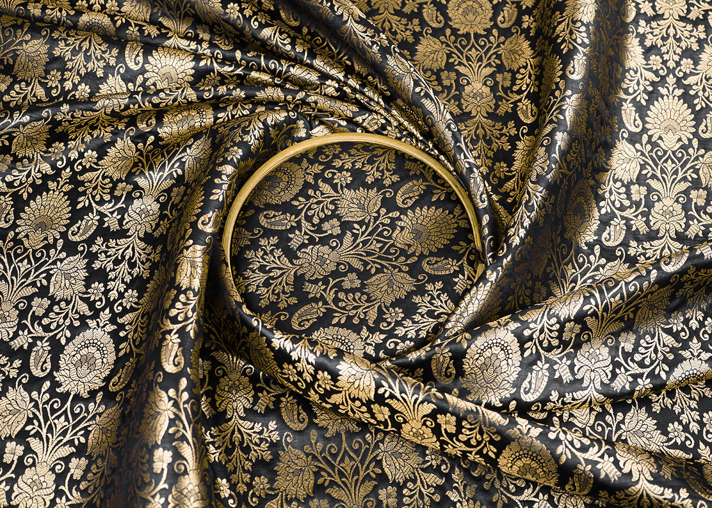 Black Banarasi Brocade Fabric With All Over Golden Zari Handloom 22551