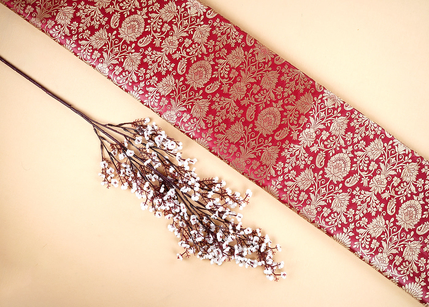 Maroon Banarasi Brocade Fabric With All Over Golden Zari Handloom 22552