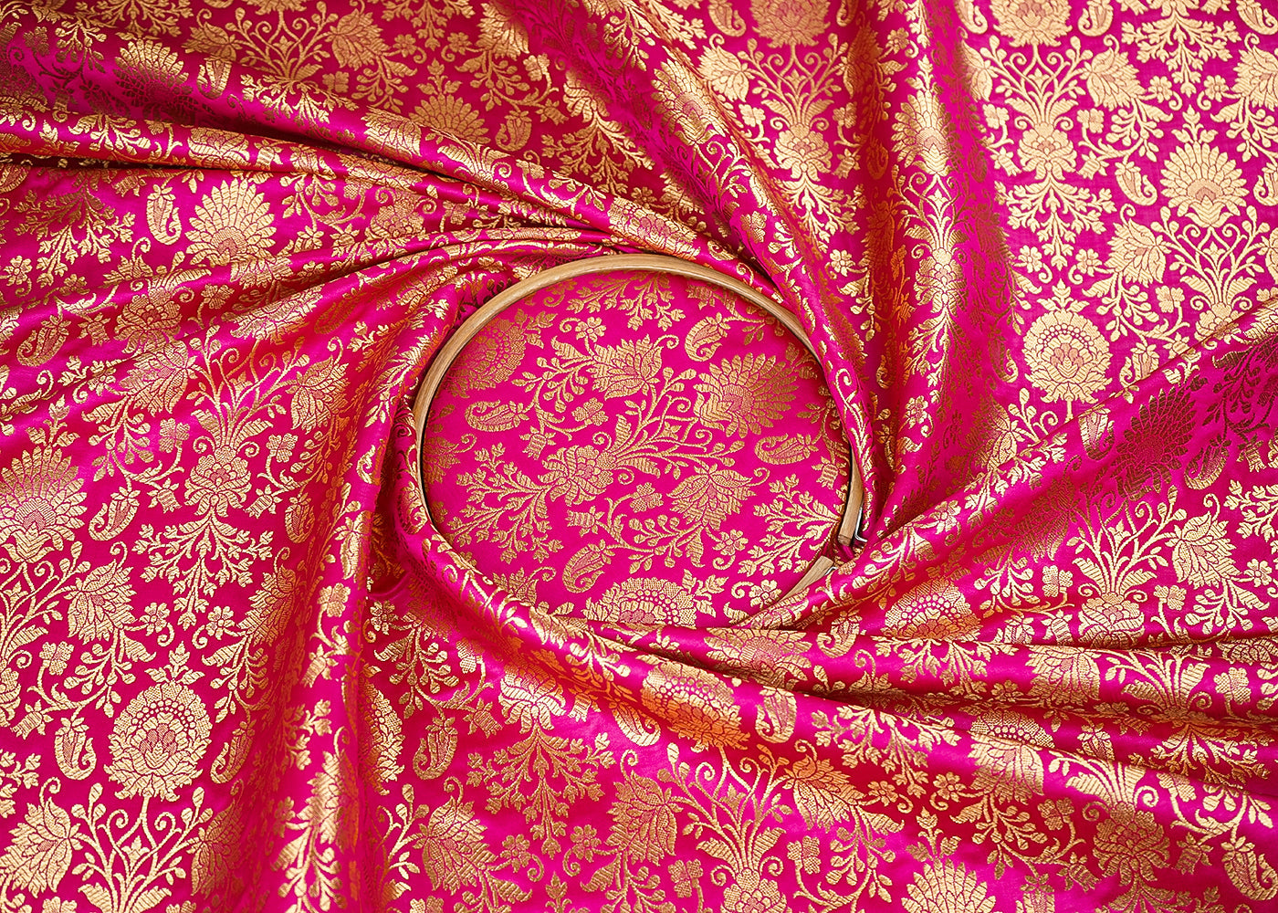 Rani Pink Banarasi Brocade Fabric With All Over Golden Zari Handloom 22553