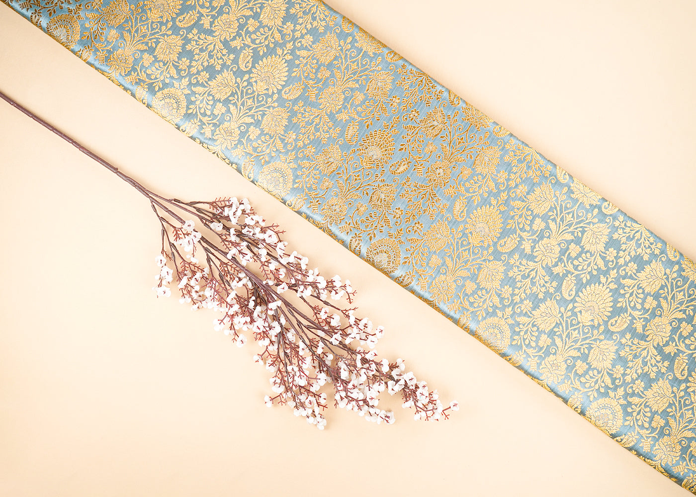 Grey Banarasi Brocade Fabric With All Over Golden Zari Handloom 22554