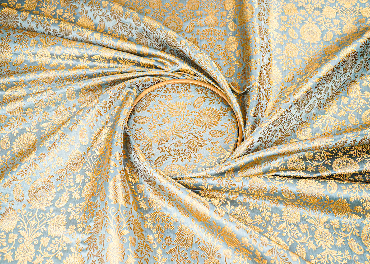 Grey Banarasi Brocade Fabric With All Over Golden Zari Handloom 22554