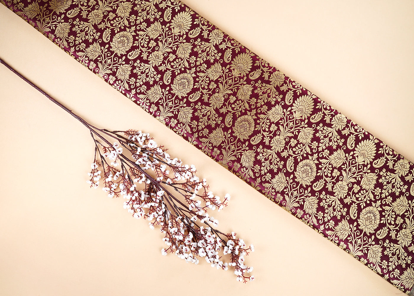 Wine Banarasi Brocade Fabric With All Over Golden Zari Handloom 22555