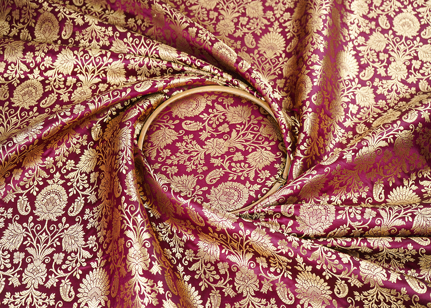 Wine Banarasi Brocade Fabric With All Over Golden Zari Handloom 22555