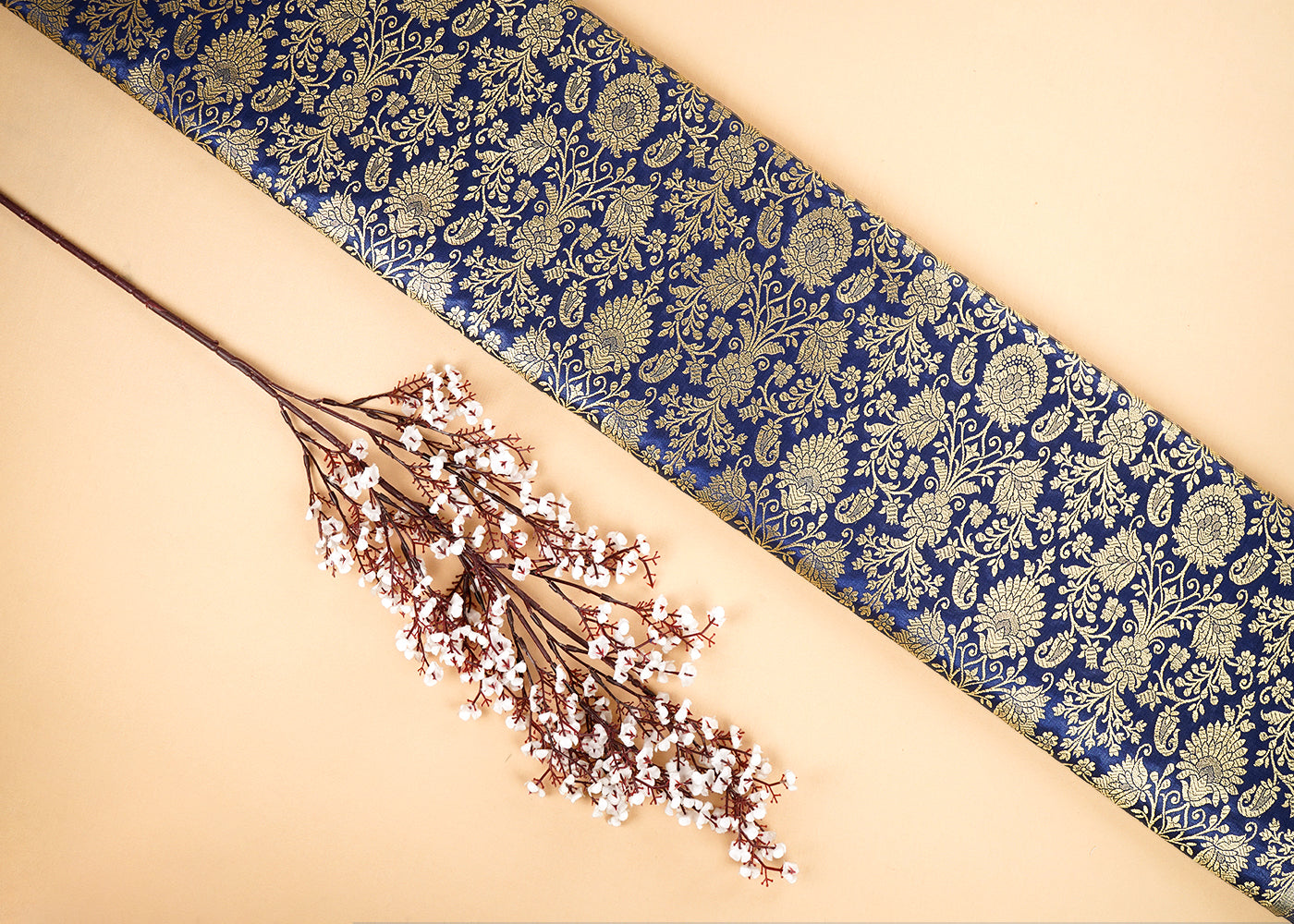 Dark Blue Banarasi Brocade Fabric With All Over Golden Zari Handloom 22557