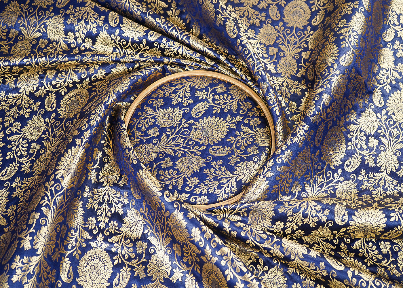 Dark Blue Banarasi Brocade Fabric With All Over Golden Zari Handloom 22557