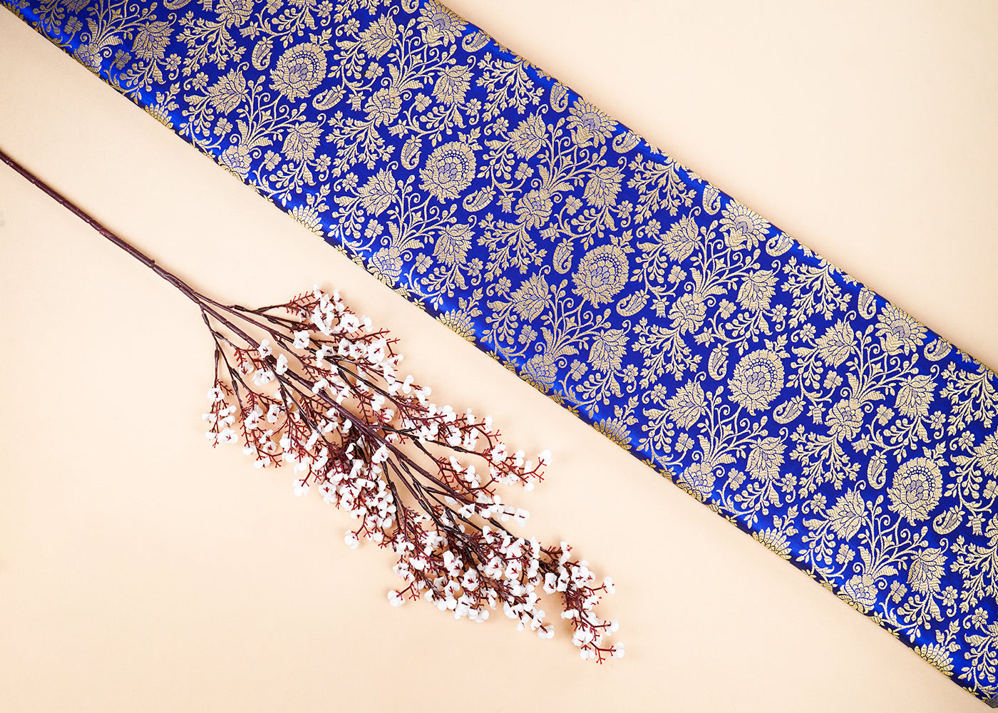 Blue Banarasi Brocade Fabric With All Over Golden Zari Handloom 22558