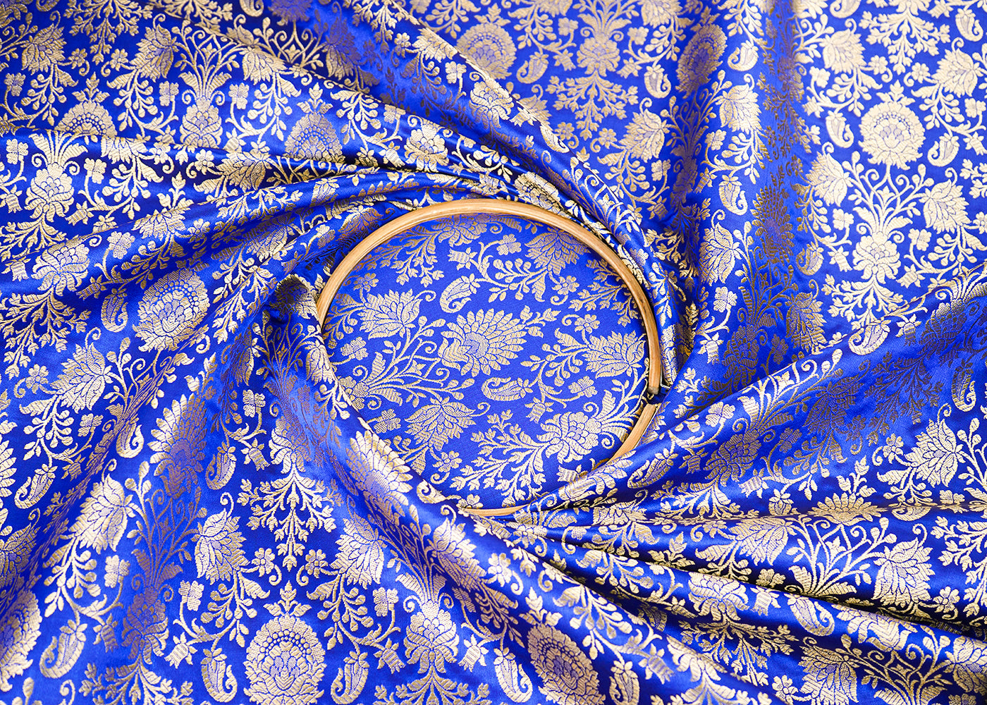 Blue Banarasi Brocade Fabric With All Over Golden Zari Handloom 22558