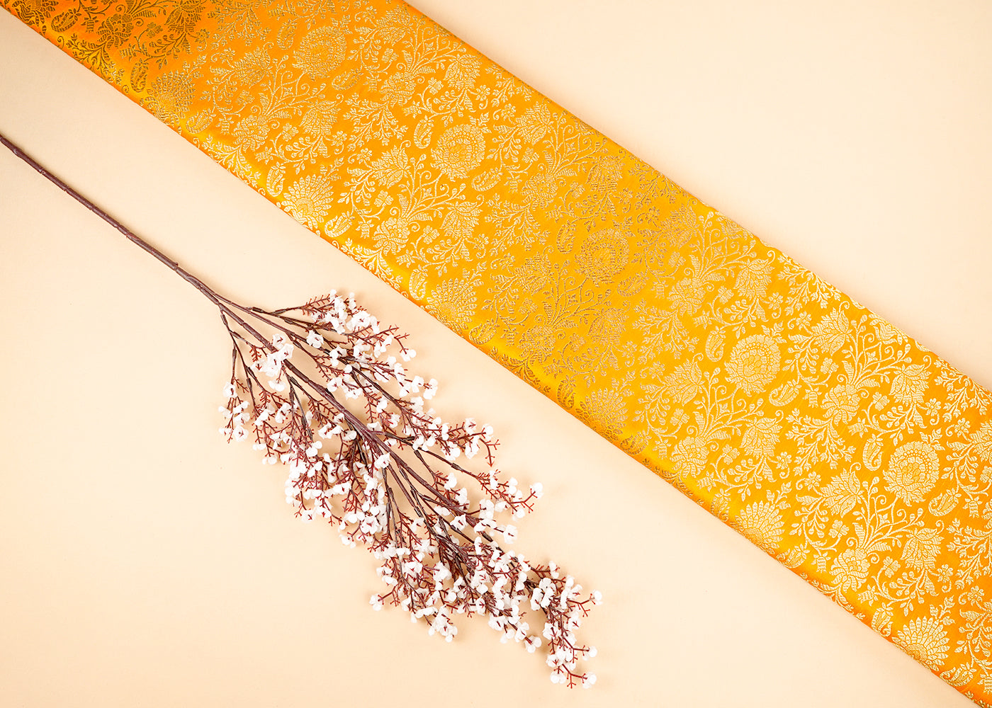 Mustard Banarasi Brocade Fabric With All Over Golden Zari Handloom 22559