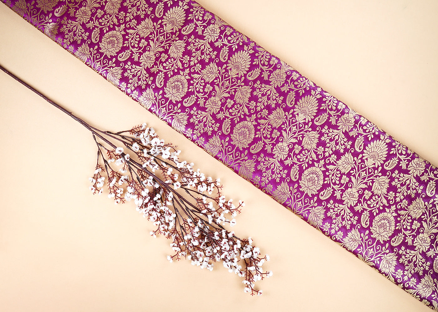 Purple Banarasi Brocade Fabric With All Over Golden Zari Handloom 22560