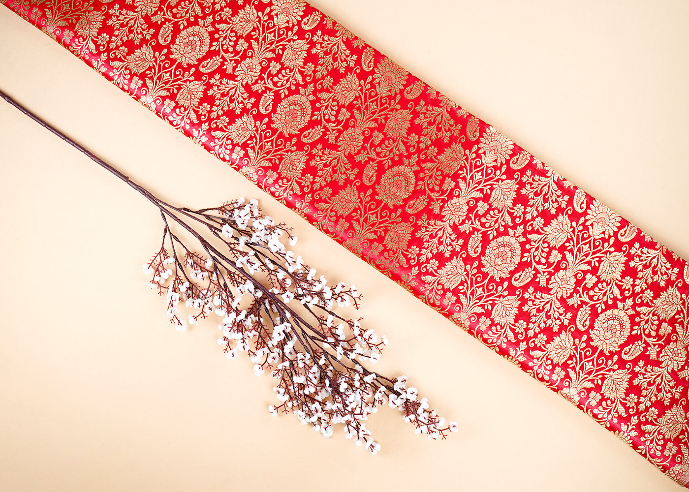 Red Banarasi Brocade Fabric With All Over Golden Zari Handloom 22561