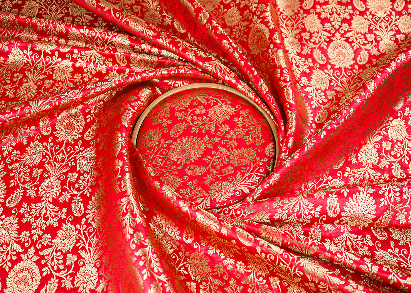 Red Banarasi Brocade Fabric With All Over Golden Zari Handloom 22561