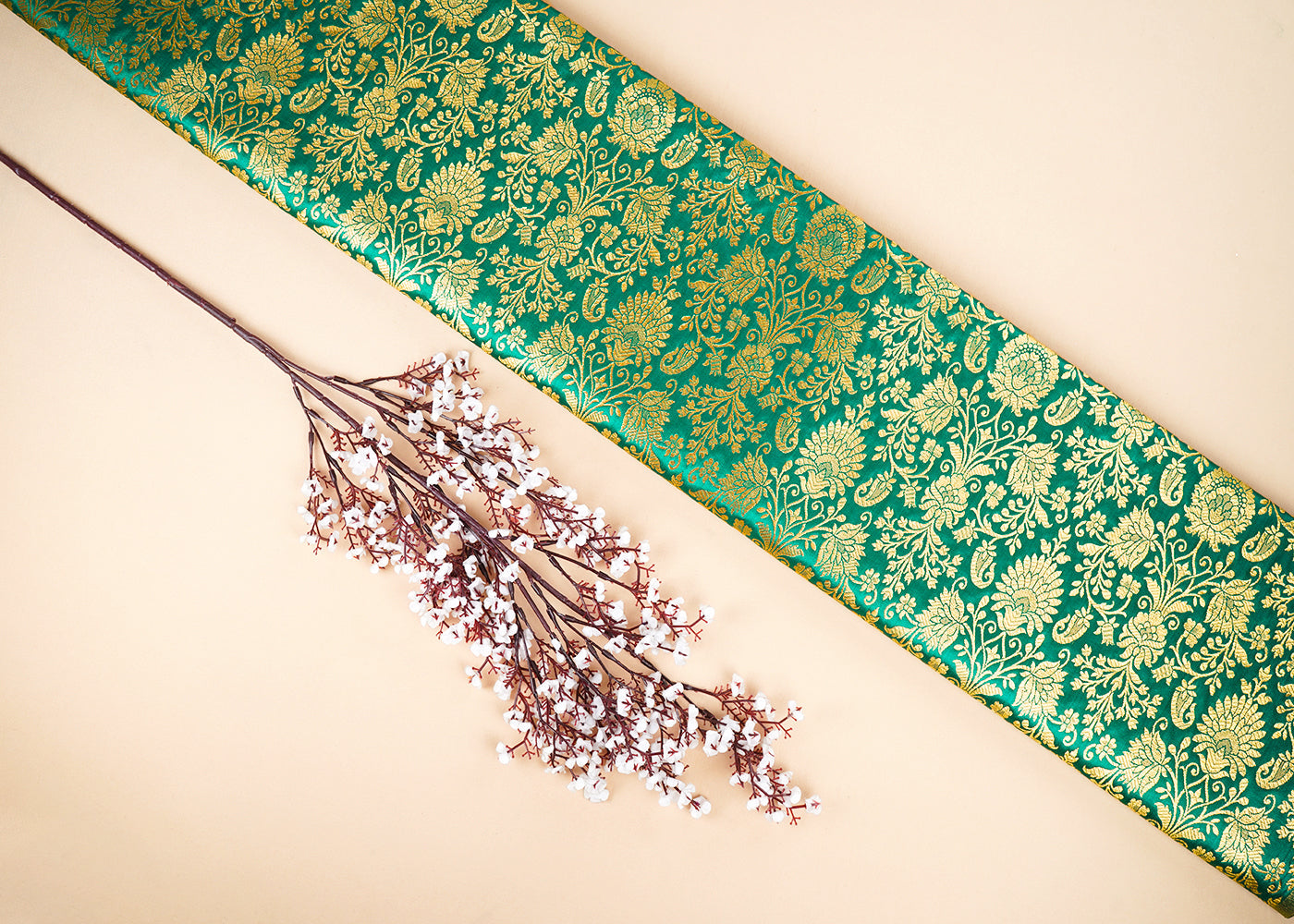 Rama Green Banarasi Brocade Fabric With All Over Golden Zari Handloom 22562