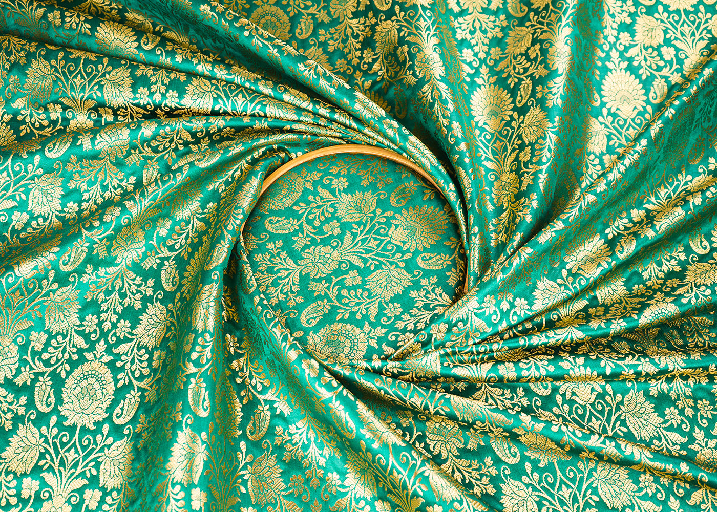 Rama Green Banarasi Brocade Fabric With All Over Golden Zari Handloom 22562