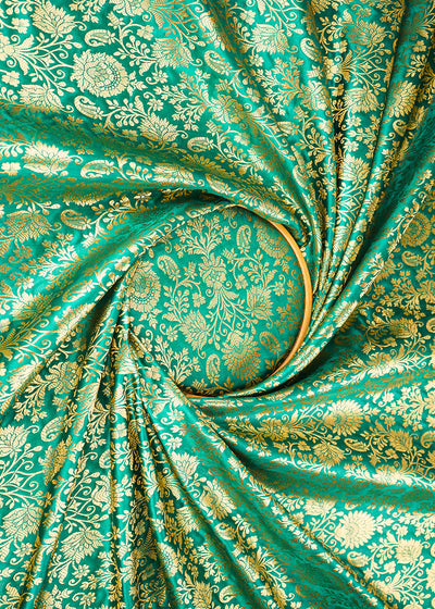 Rama Green Banarasi Brocade Fabric With All Over Golden Zari Handloom 22562