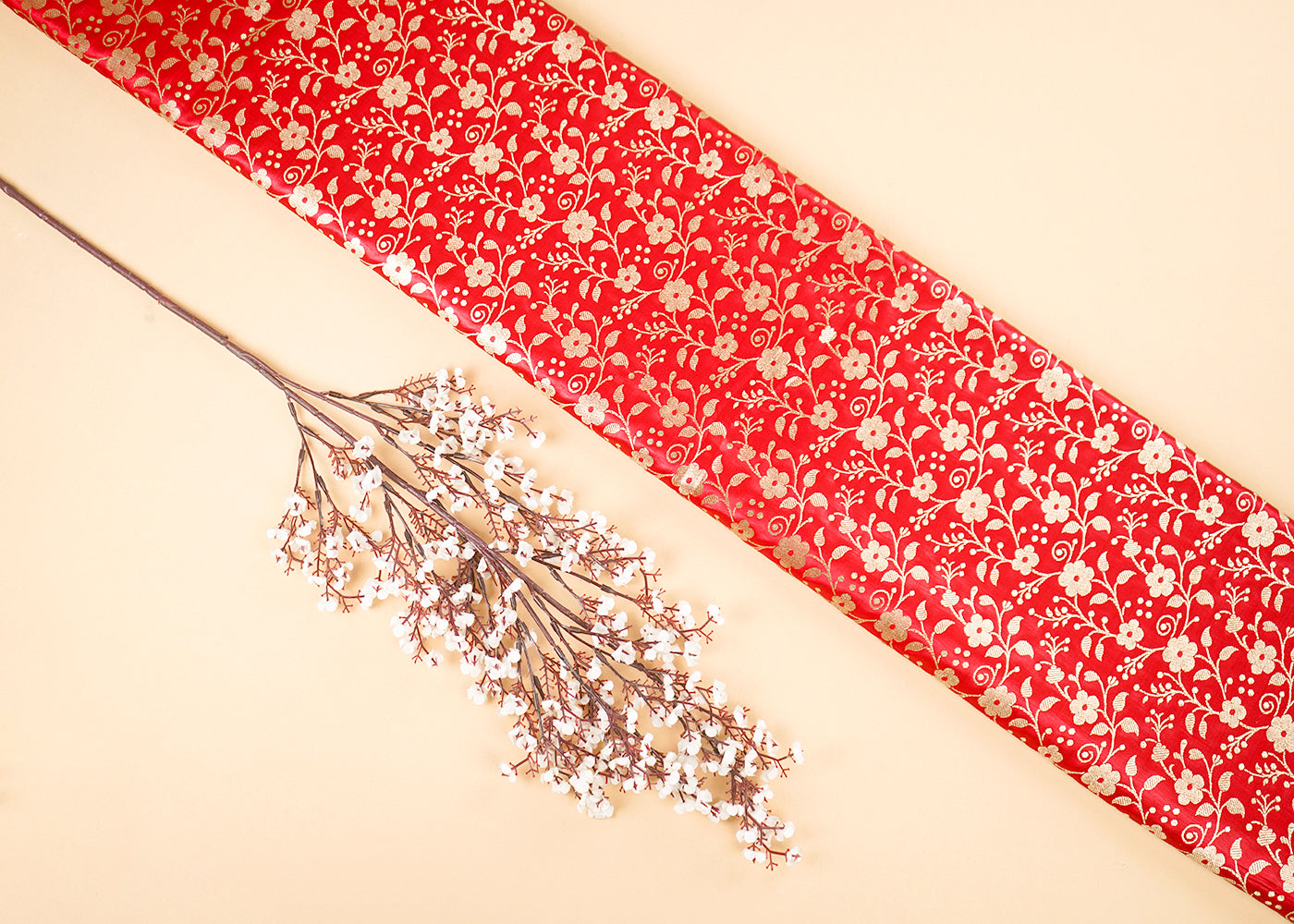 Red Banarasi Brocade Fabric With All Over Golden Zari Handloom 22563