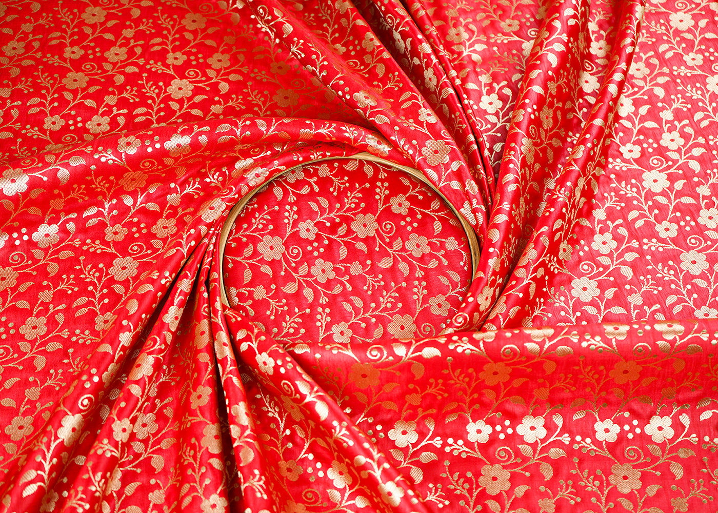 Red Banarasi Brocade Fabric With All Over Golden Zari Handloom 22563