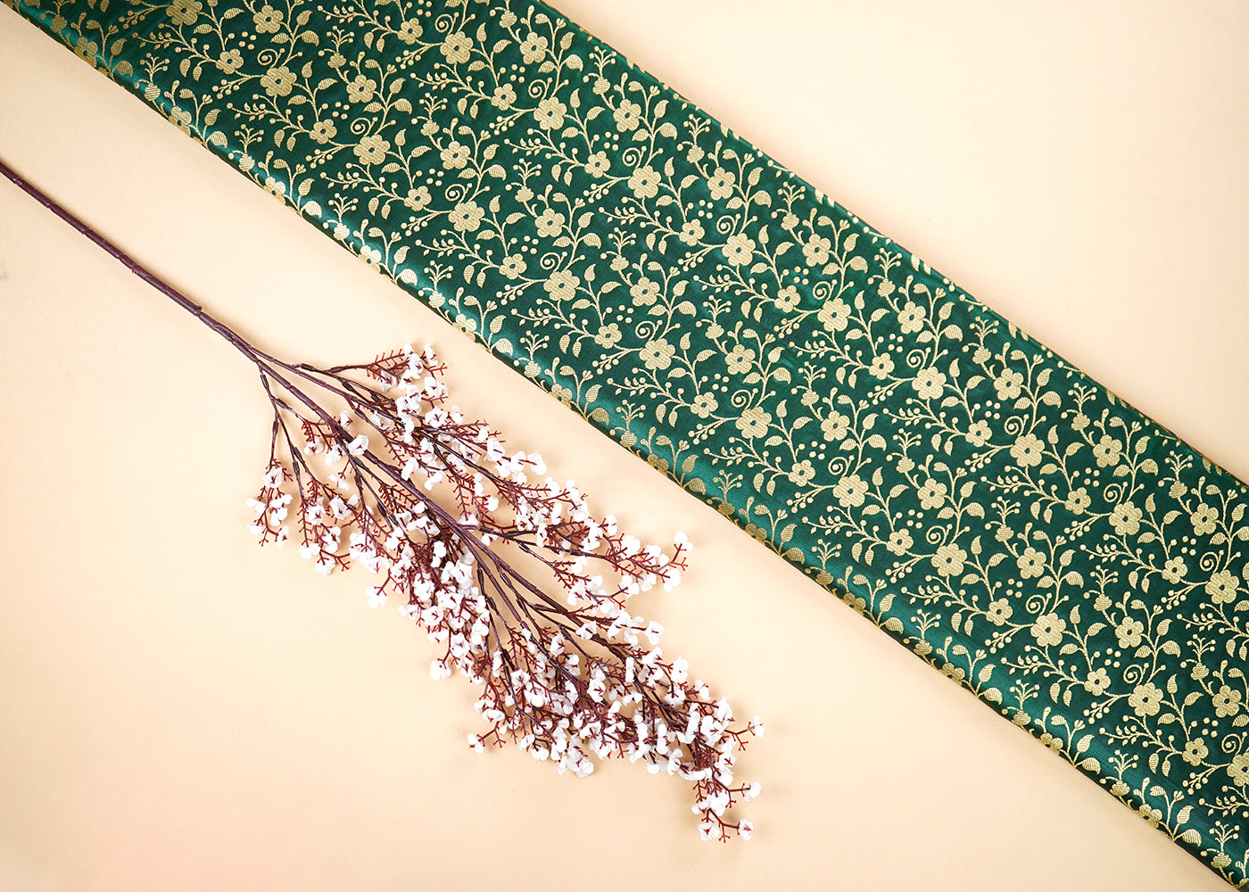 Bottle Green Banarasi Brocade Fabric With All Over Golden Zari Handloom 22564