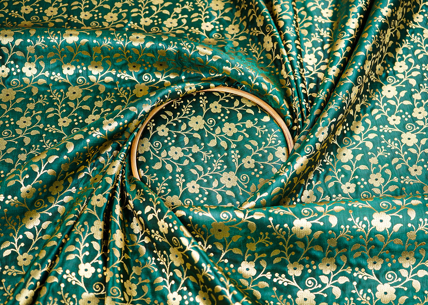 Bottle Green Banarasi Brocade Fabric With All Over Golden Zari Handloom 22564