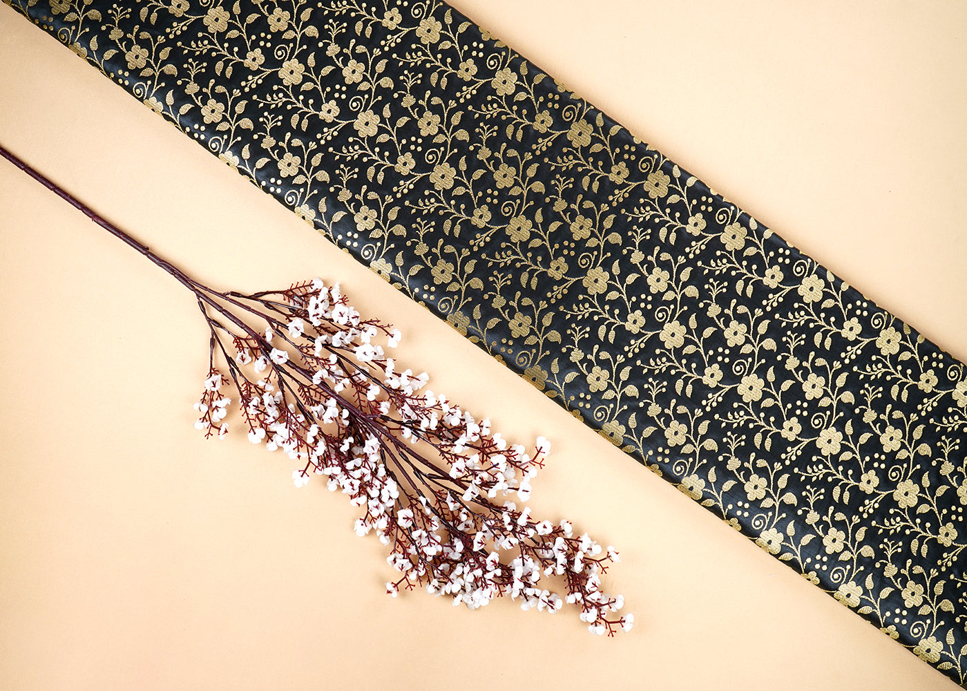Black Banarasi Brocade Fabric With All Over Golden Zari Handloom 22565