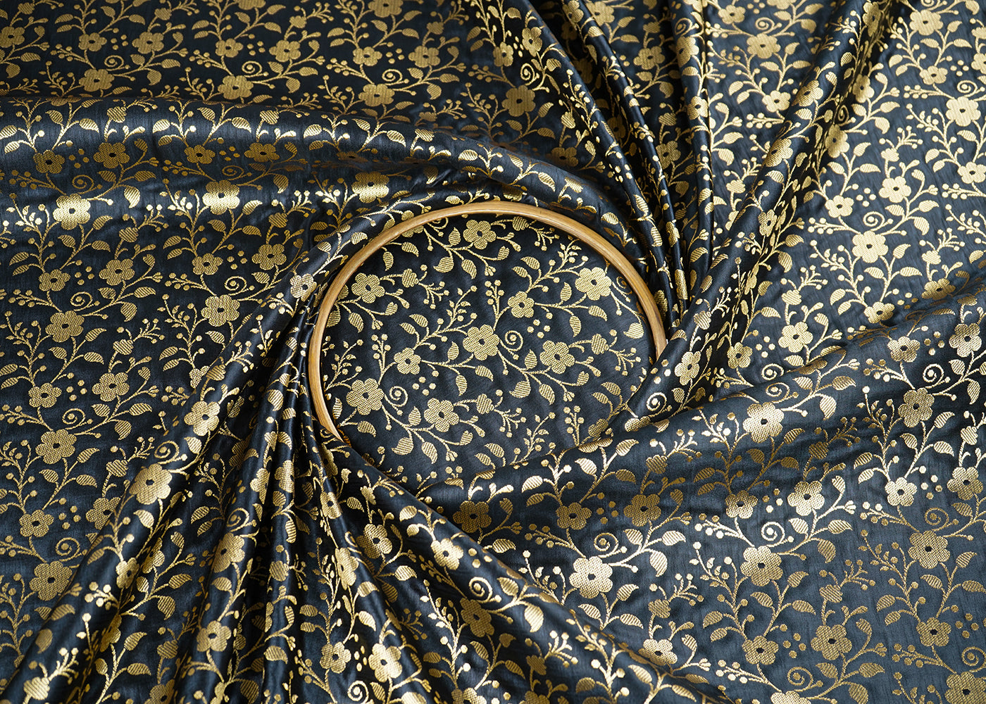 Black Banarasi Brocade Fabric With All Over Golden Zari Handloom 22565