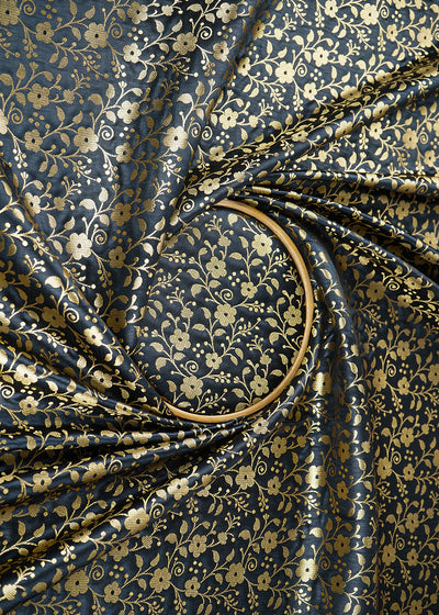 Black Banarasi Brocade Fabric With All Over Golden Zari Handloom 22565
