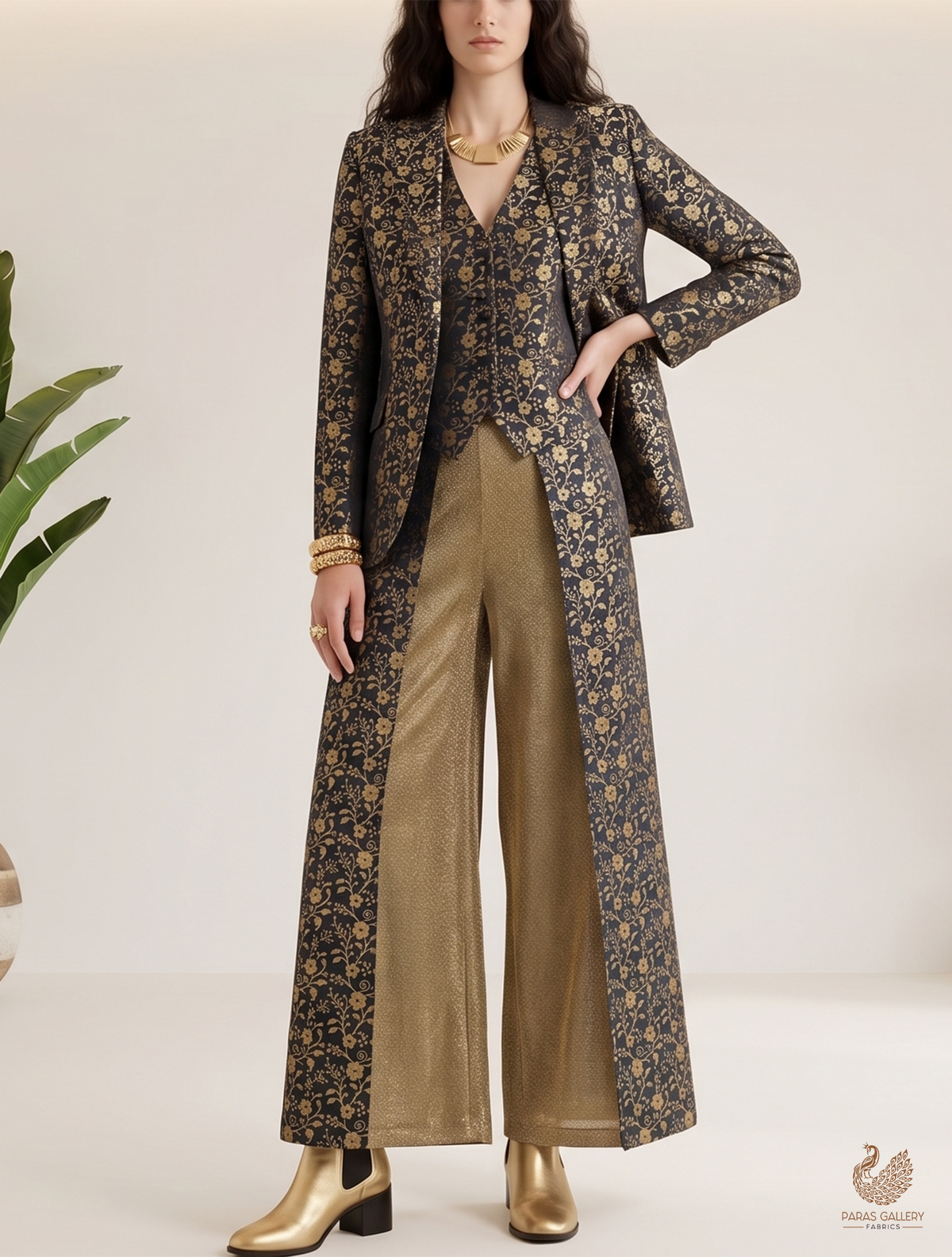 Black Banarasi Brocade Fabric With All Over Golden Zari Handloom 22565