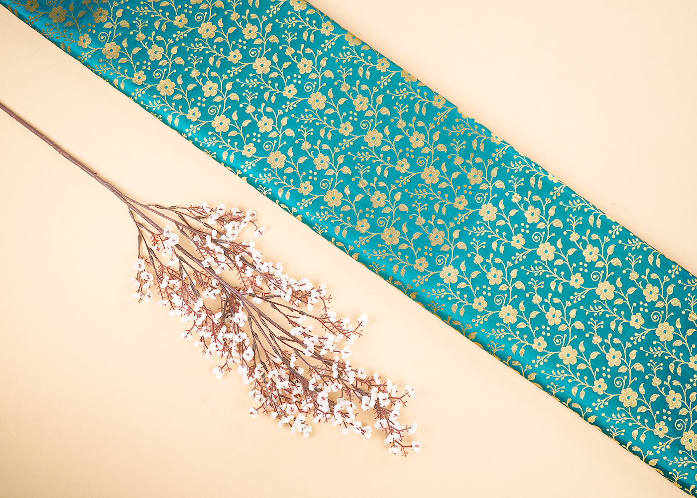 Teal Blue Banarasi Brocade Fabric With All Over Golden Zari Handloom 22566