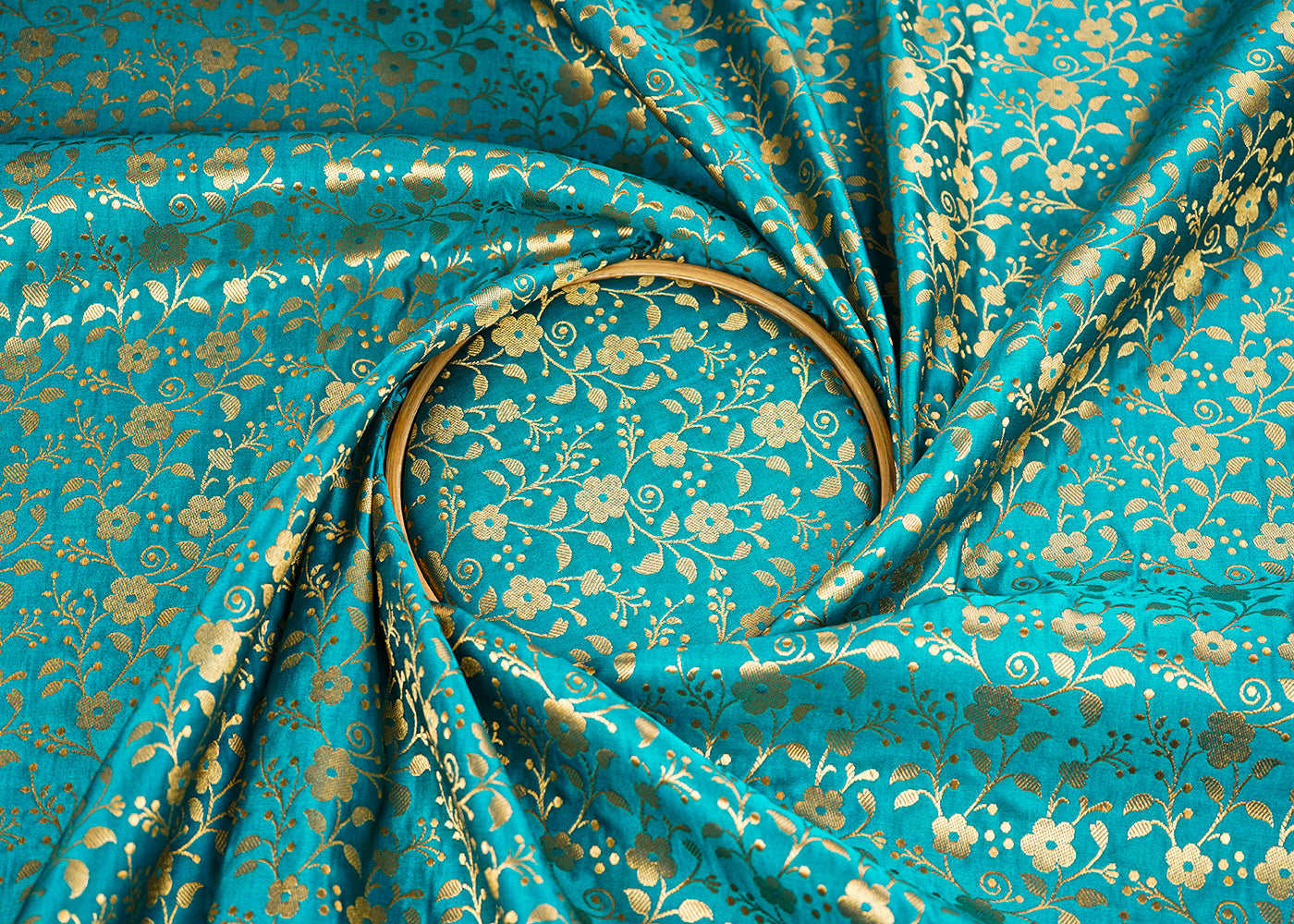 Teal Blue Banarasi Brocade Fabric With All Over Golden Zari Handloom 22566