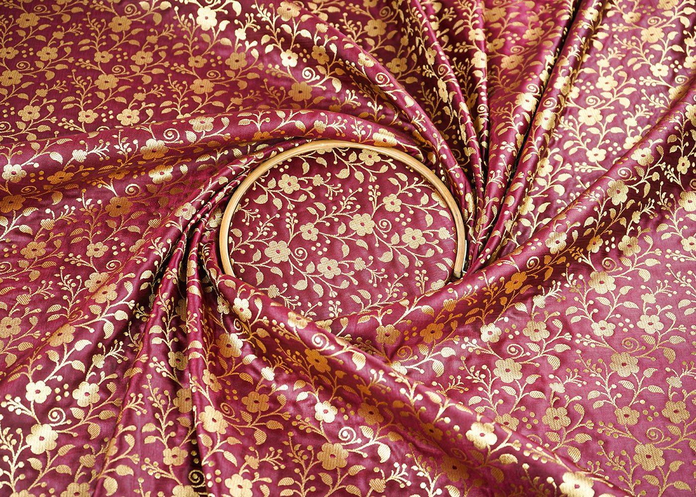 Wine Banarasi Brocade Fabric With All Over Golden Zari Handloom 22567