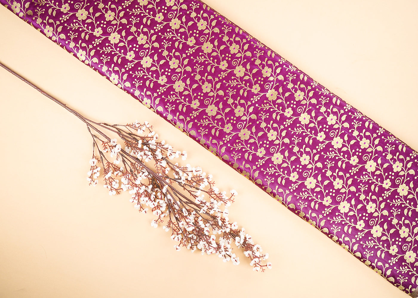 Purple Banarasi Brocade Fabric With All Over Golden Zari Handloom 22568