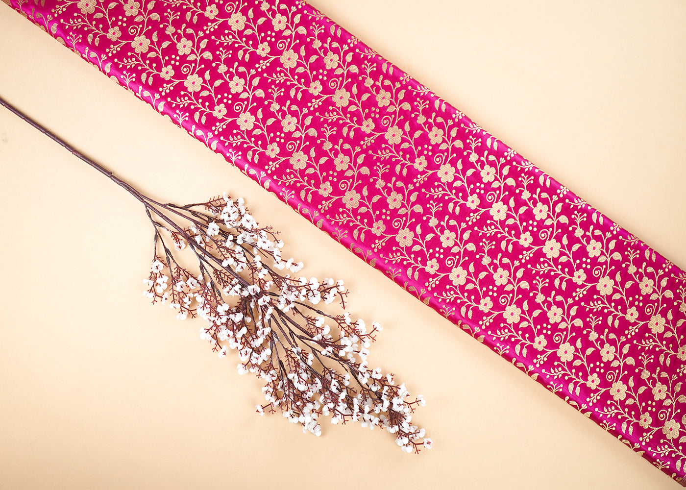 Rani Pink Banarasi Brocade Fabric With All Over Golden Zari Handloom 22569