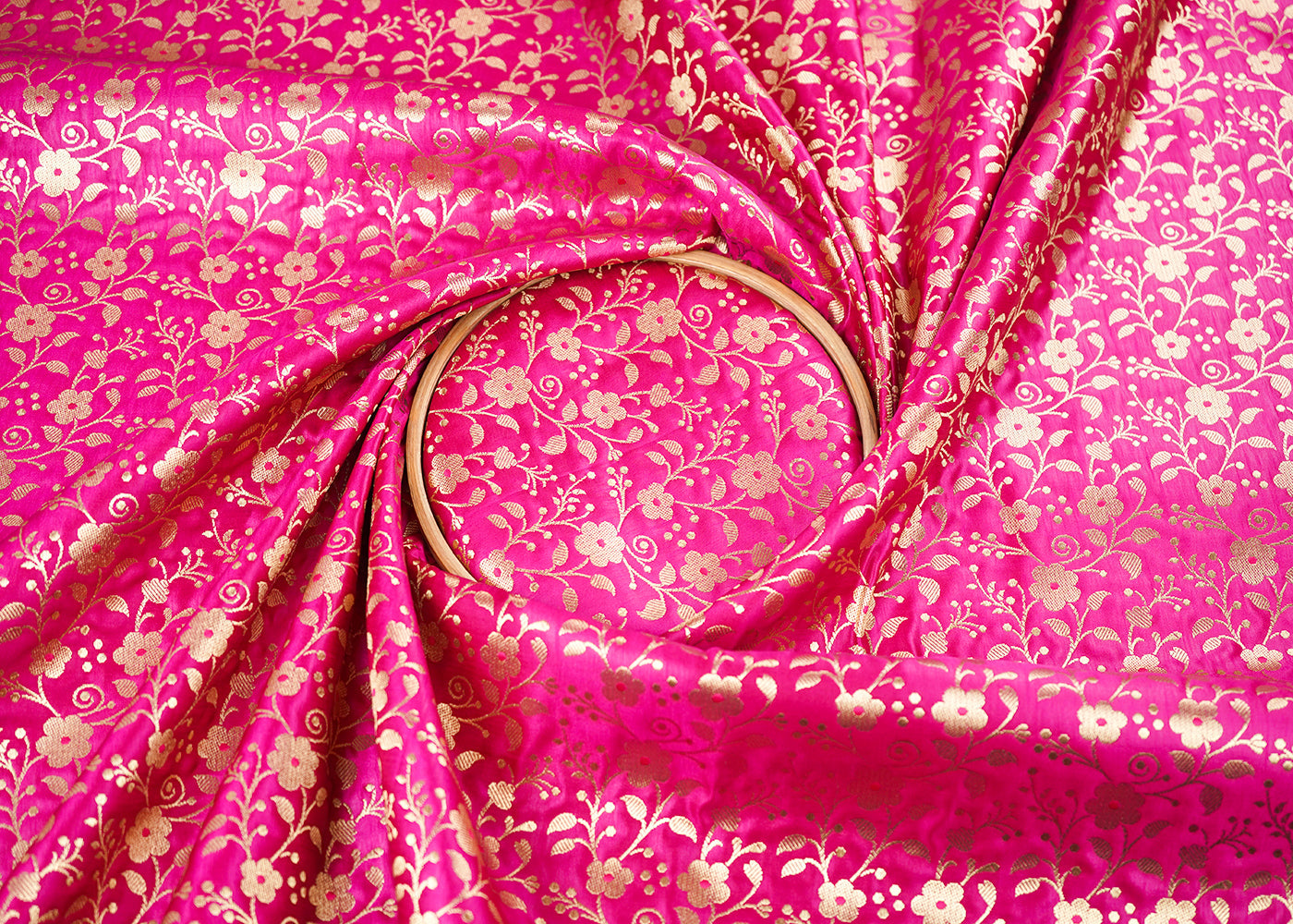 Rani Pink Banarasi Brocade Fabric With All Over Golden Zari Handloom 22569