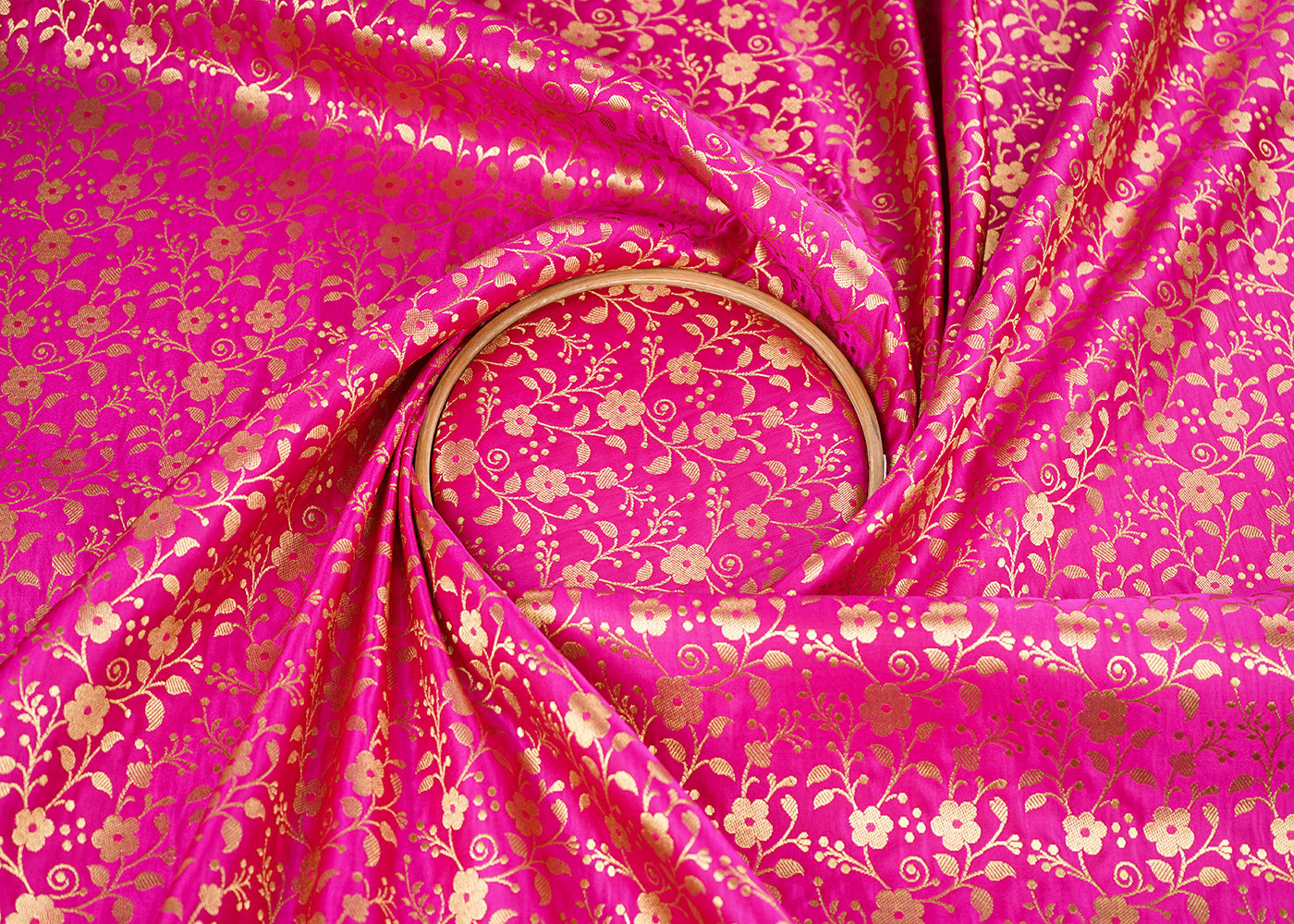 Pink Banarasi Brocade Fabric With All Over Golden Zari Handloom 22570