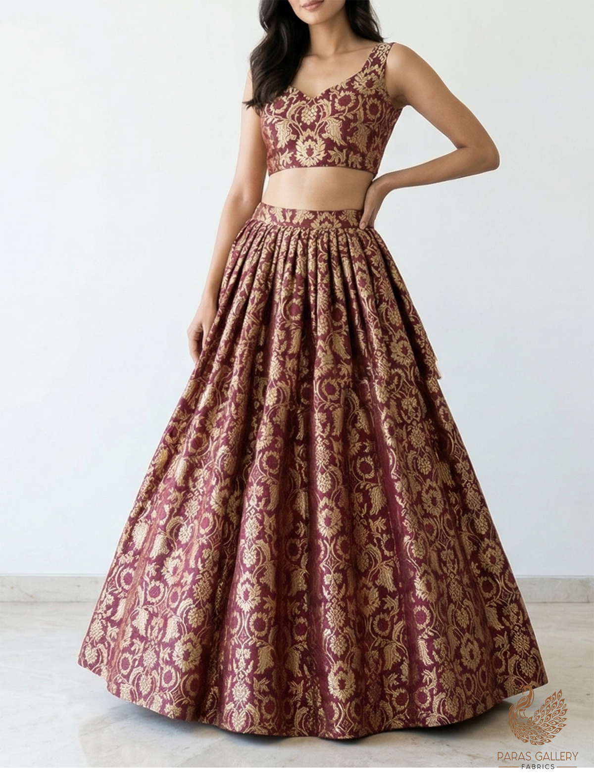 Wine Banarasi Brocade Fabric With All Over Zari Handloom 22572