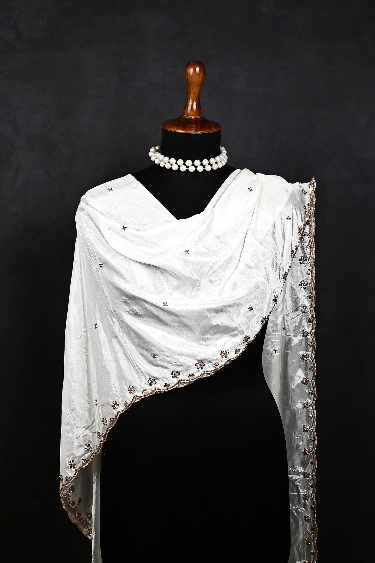 White Dyeable Organza Dupatta All Over Zari, Sequins And Katdana Work 22591