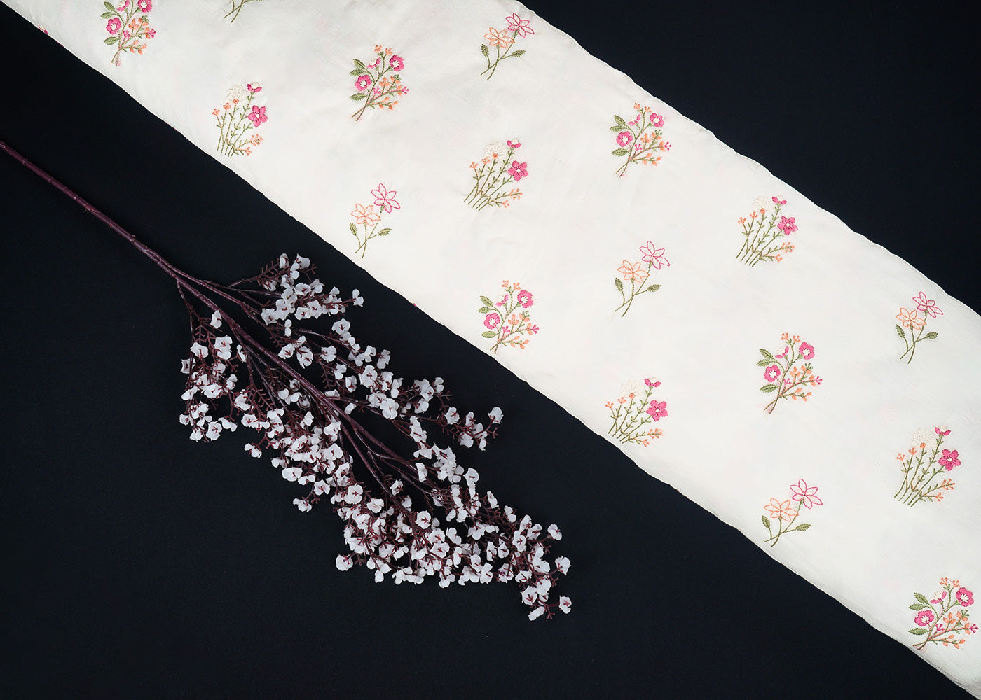 White Dyeable Chanderi Fabric With All Over Floral Buti Of Pastel Thread Work 22600