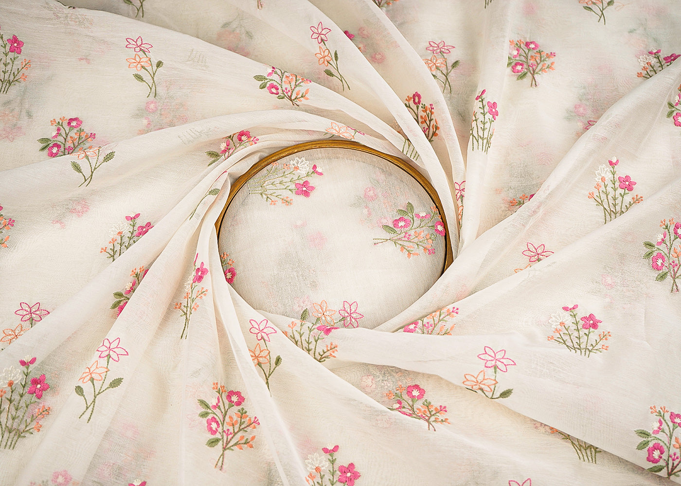White Dyeable Chanderi Fabric With All Over Floral Buti Of Pastel Thread Work 22600
