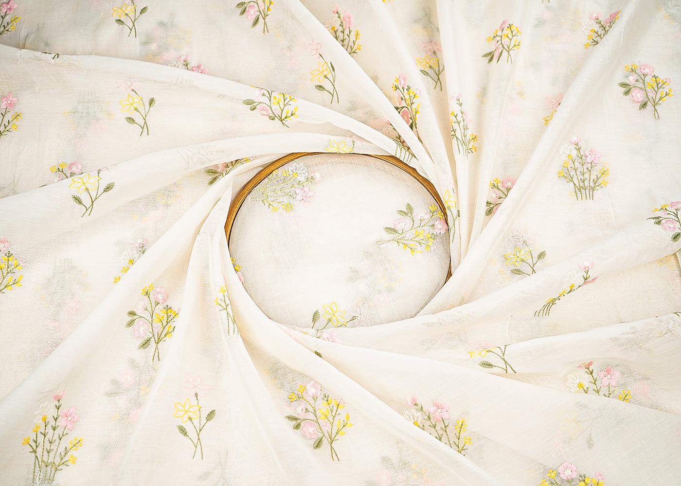 White Dyeable Chanderi Fabric With All Over Floral Buti Of Pastel Thread Work 22601