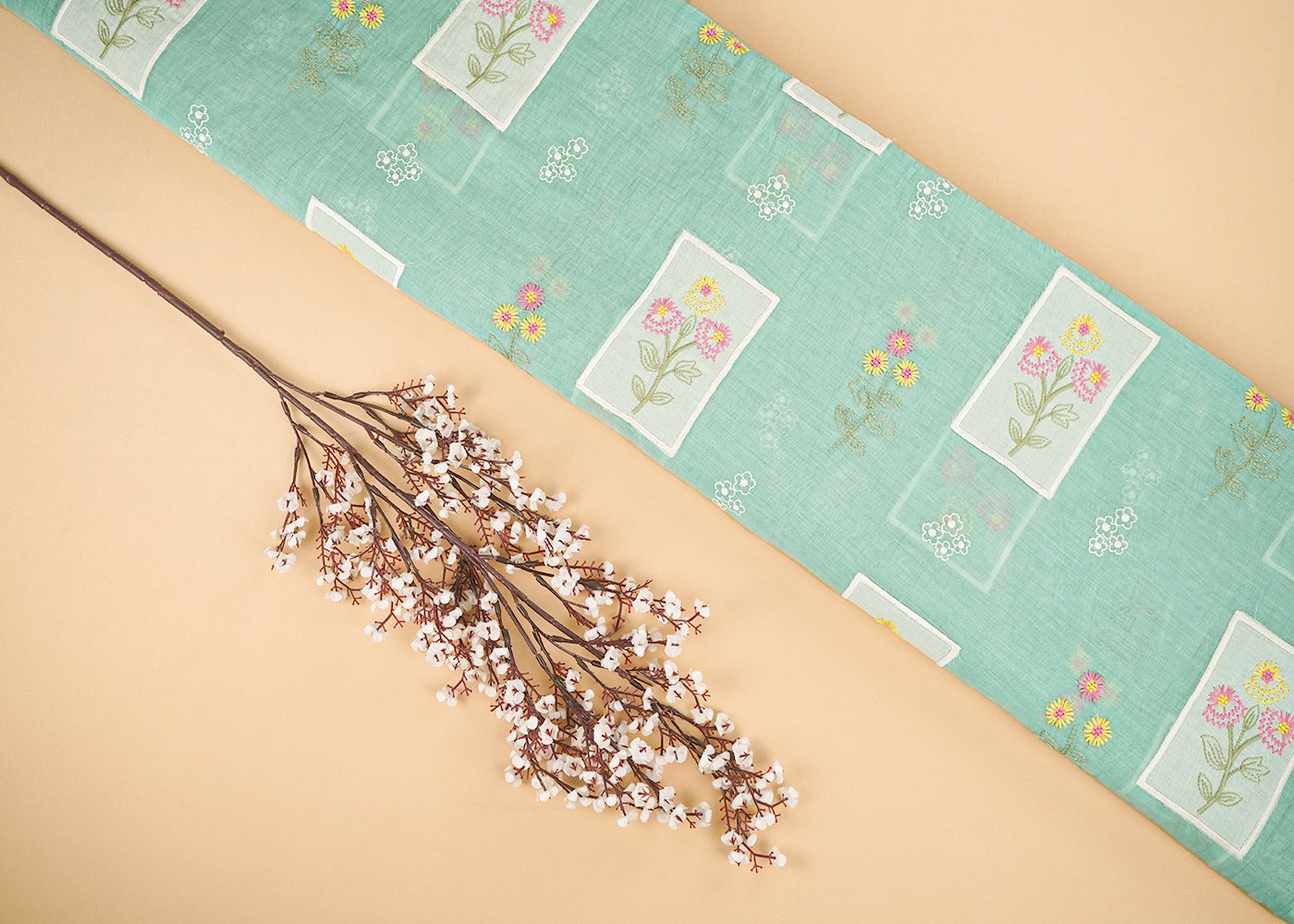 Sea Green Chanderi Fabric With All Over Floral Thread And Patch Work 22602