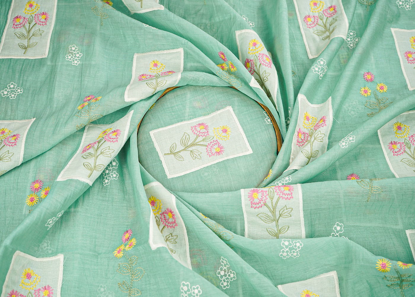 Sea Green Chanderi Fabric With All Over Floral Thread And Patch Work 22602