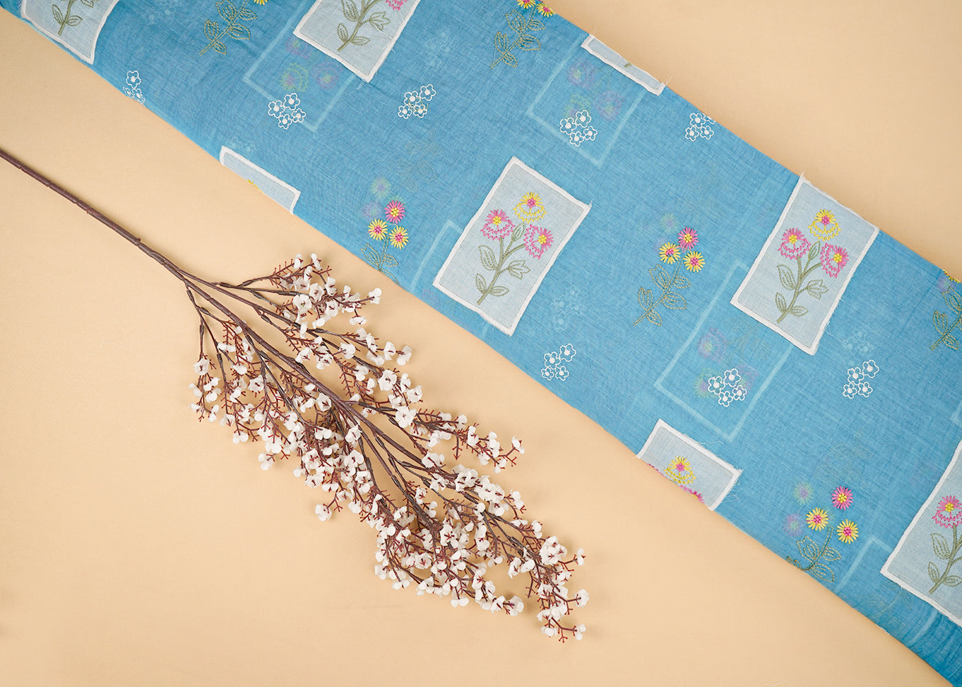 Blue Chanderi Fabric With All Over Floral Thread And Patch Work 22603