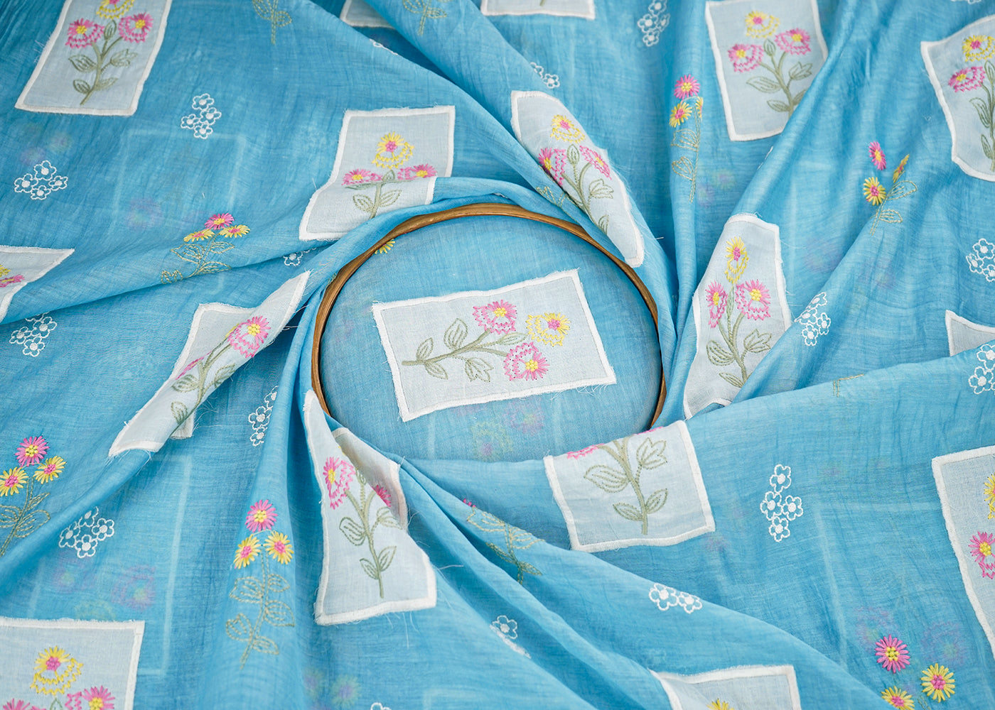Blue Chanderi Fabric With All Over Floral Thread And Patch Work 22603