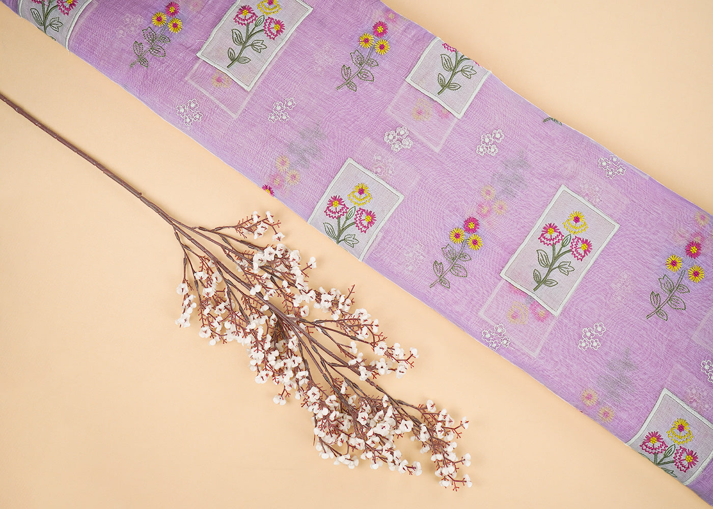 Lavender Chanderi Fabric With All Over Floral Thread And Patch Work 22604