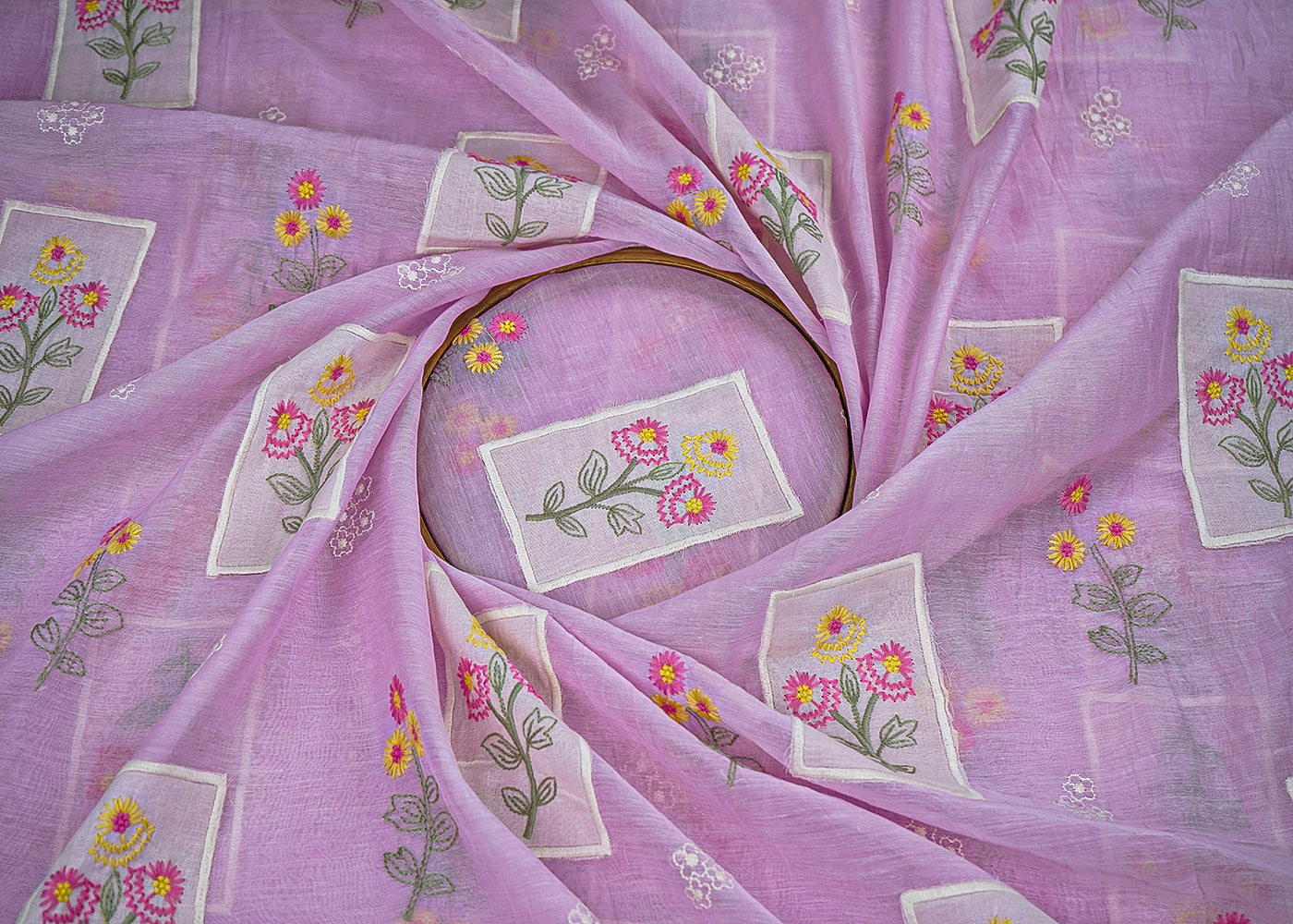 Lavender Chanderi Fabric With All Over Floral Thread And Patch Work 22604