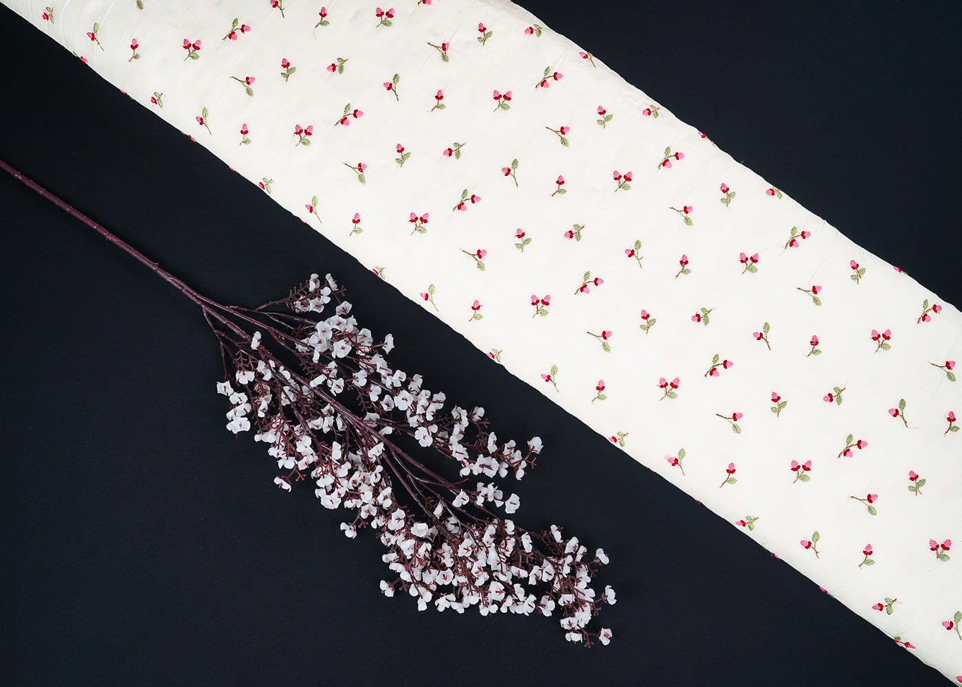 White Dyeable Chanderi Fabric With All Over Floral Buti Of Pink Thread Work 22605