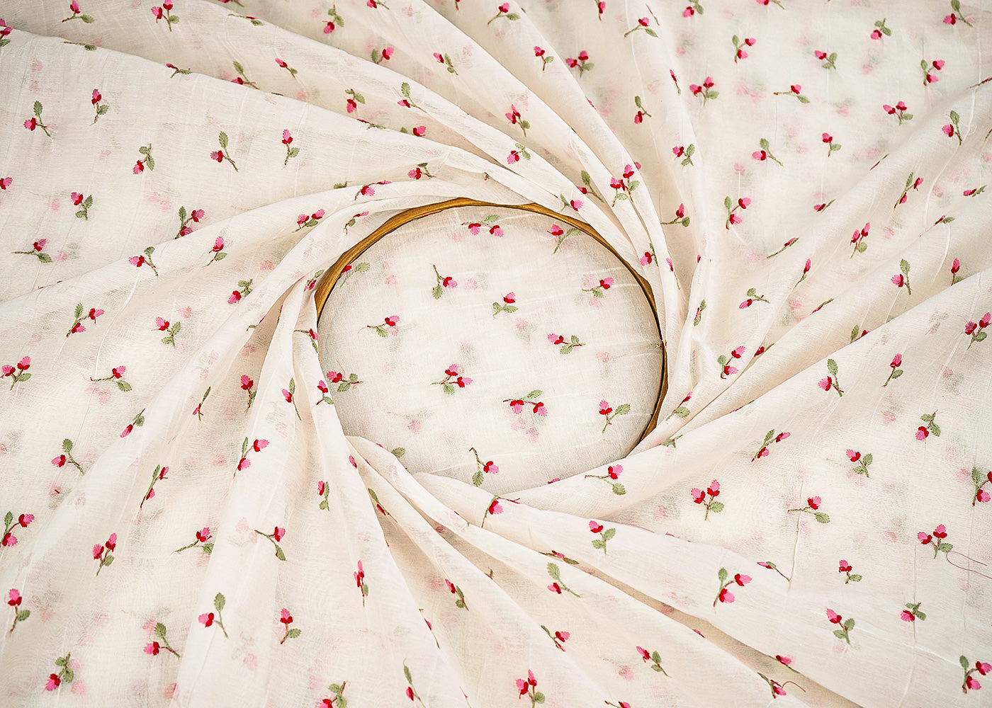 White Dyeable Chanderi Fabric With All Over Floral Buti Of Pink Thread Work 22605