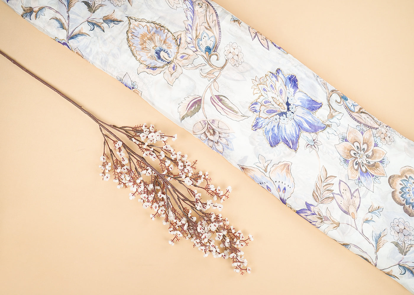 Off White Organza Fabric With All Over Floral Print, Bead And Katdana Work 22606