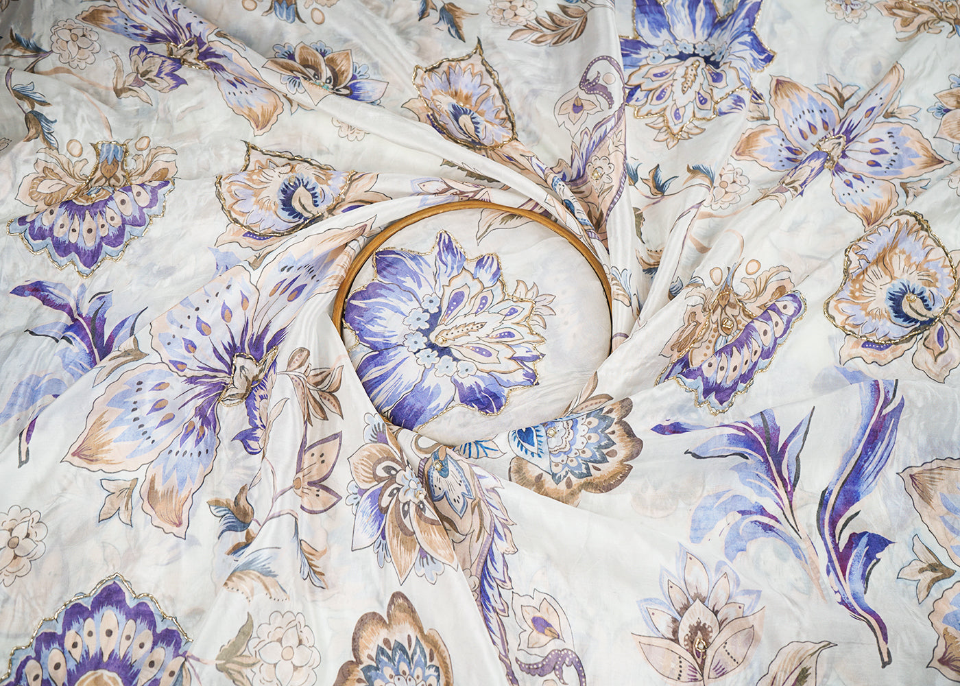 Off White Organza Fabric With All Over Floral Print, Bead And Katdana Work 22606